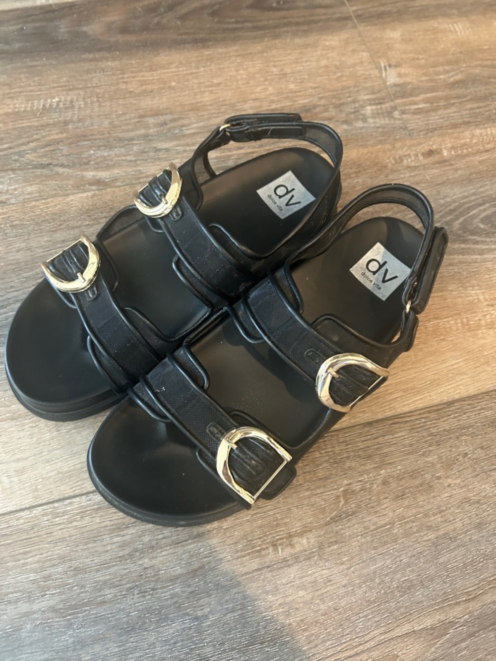 DV by Dolce Vita Black Sandals with Gold Buckles size 9 GUC